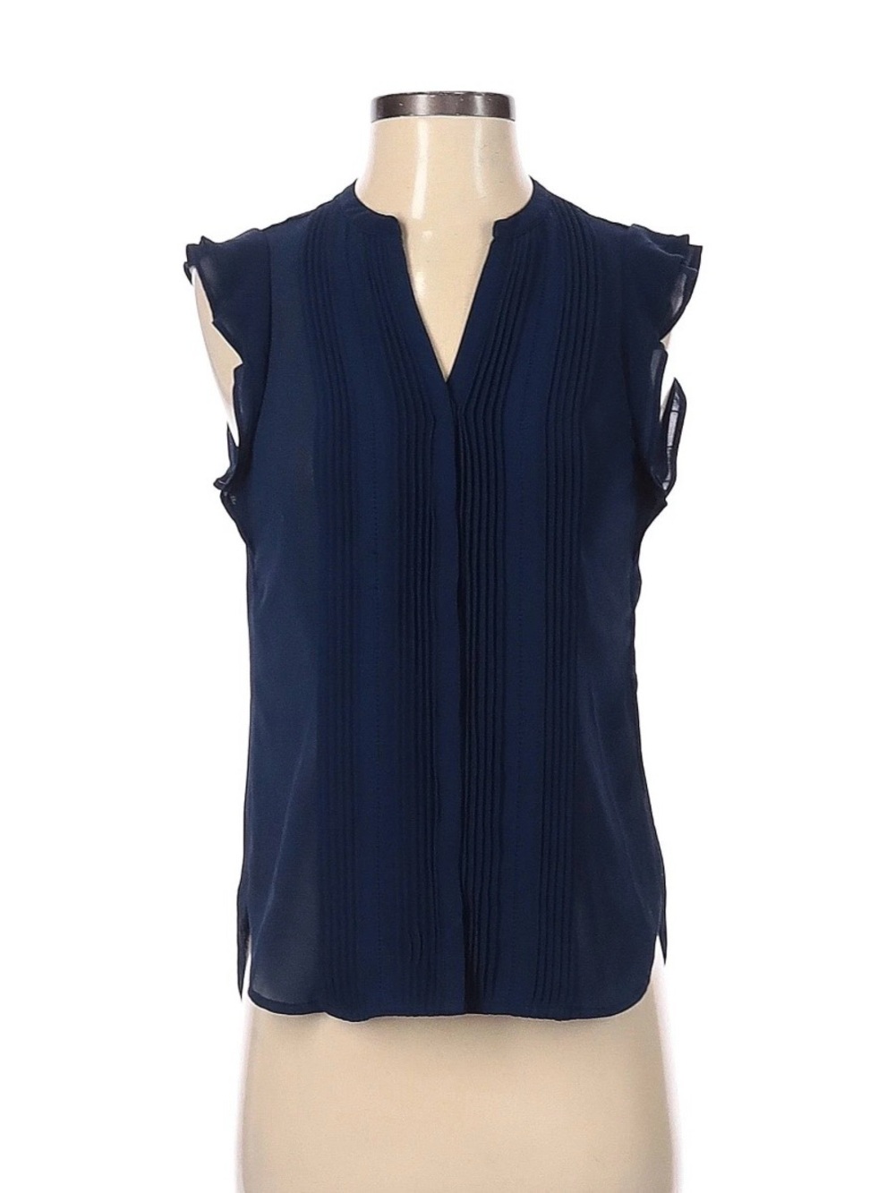 Navy Flutter Sleeves Pintuck Tuxedo Style Lightweight Chiffon Blouse